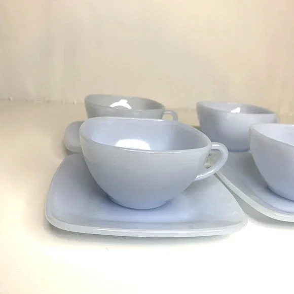 SET 5 FIRE KING AZURE BLUE CHARM AZURITE DELPHITE MILK GLASS SQUARE CUP SAUCERS - Picture 4 of 9